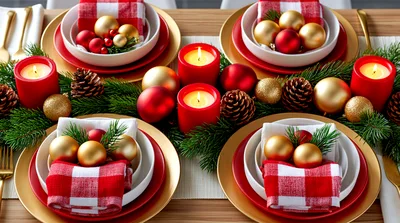 Festive Christmas Table Setting With Candles And Ornaments