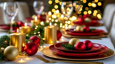 Festive Christmas Table Setting With Candles And Ornaments