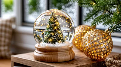 Christmas Snow Globe With Lit Tree And Ornaments