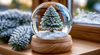 Snow Globe With Miniature Christmas Tree On Wooden Sill