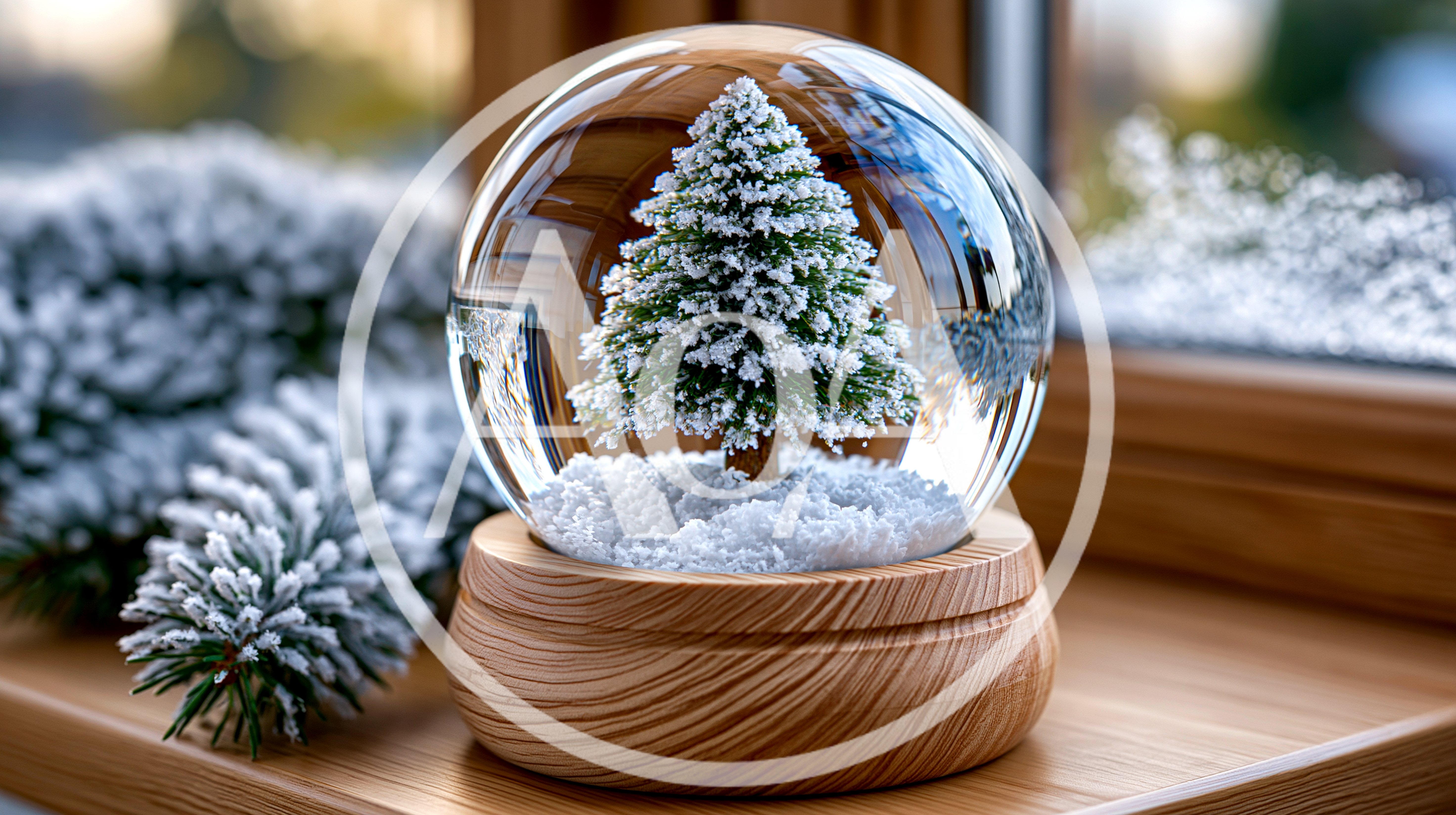 Snow Globe With Miniature Christmas Tree On Wooden Sill