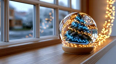 Christmas Snow Globe With Glowing Tree On Window Sill