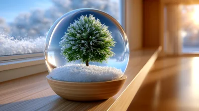 Snow Globe With Miniature Tree On Wooden Windowsill