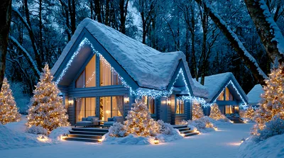 Cozy Winter Cabins Decorated With Christmas Lights
