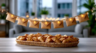 Advent Calendar Envelopes Hanging Above A Wicker Basket