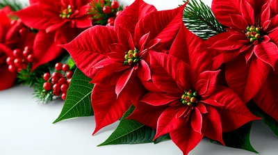 Festive Red Poinsettia Flowers With Christmas Greenery