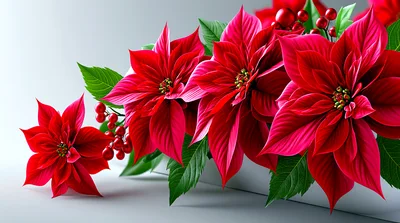 Vibrant Red Poinsettia Flowers With Green Leaves