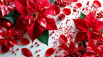 Festive Poinsettia Flowers and Christmas Decorations
