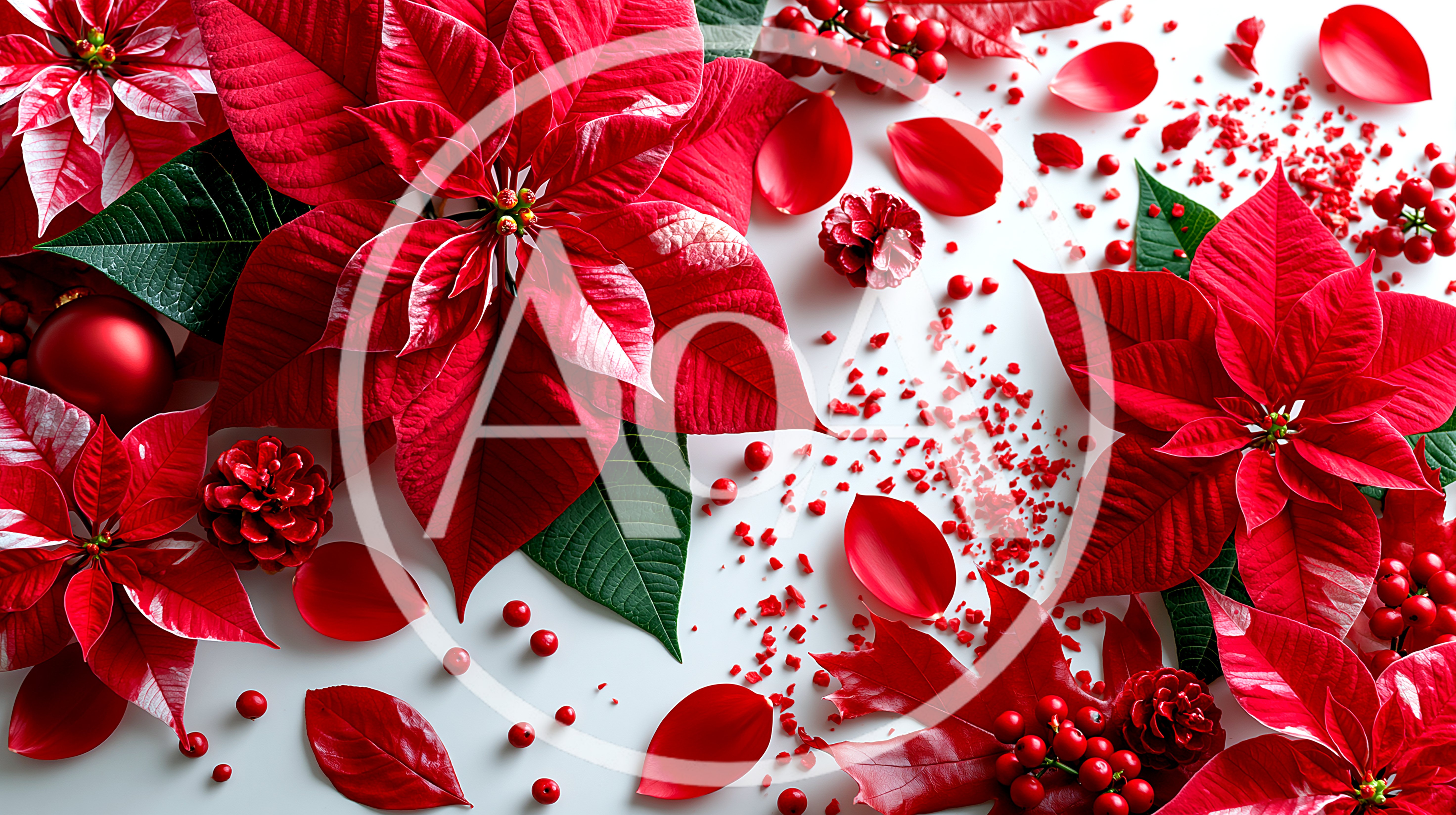 Festive Poinsettia Flowers and Christmas Decorations