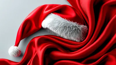 Santa Claus Hat Resting On Red Silk Fabric