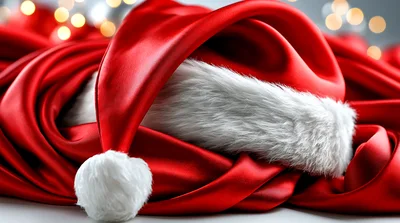 Santa Claus Hat Resting On Red Silk Fabric