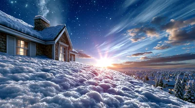 Snow Covered Cottage At Sunrise Over Winter Landscape