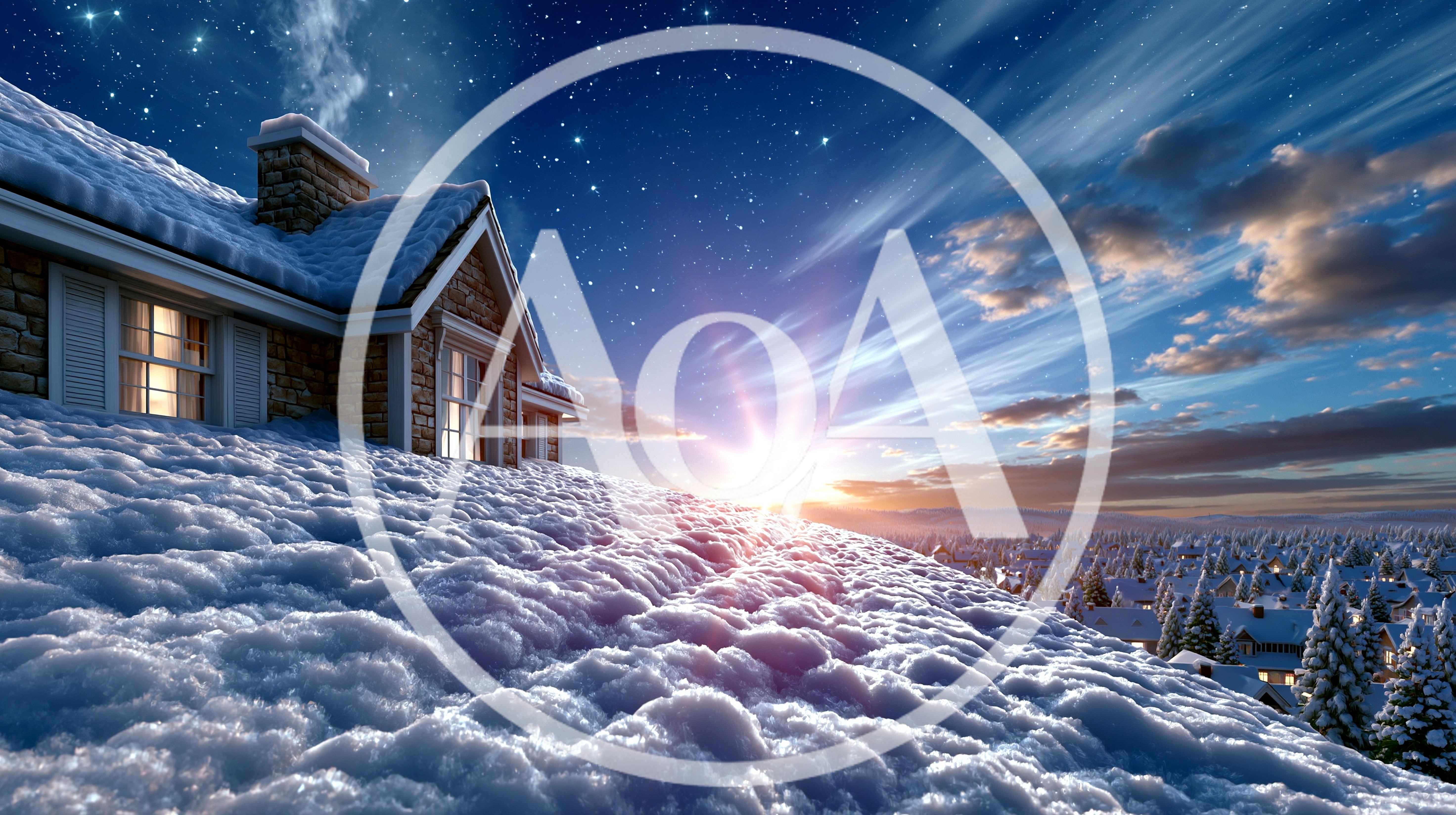 Snow Covered Cottage At Sunrise Over Winter Landscape