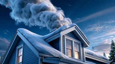 Cozy House With Smoking Chimney In Snowy Winter