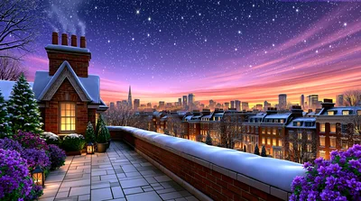 Snowy Rooftop Terrace Overlooking A City Skyline At Sunset