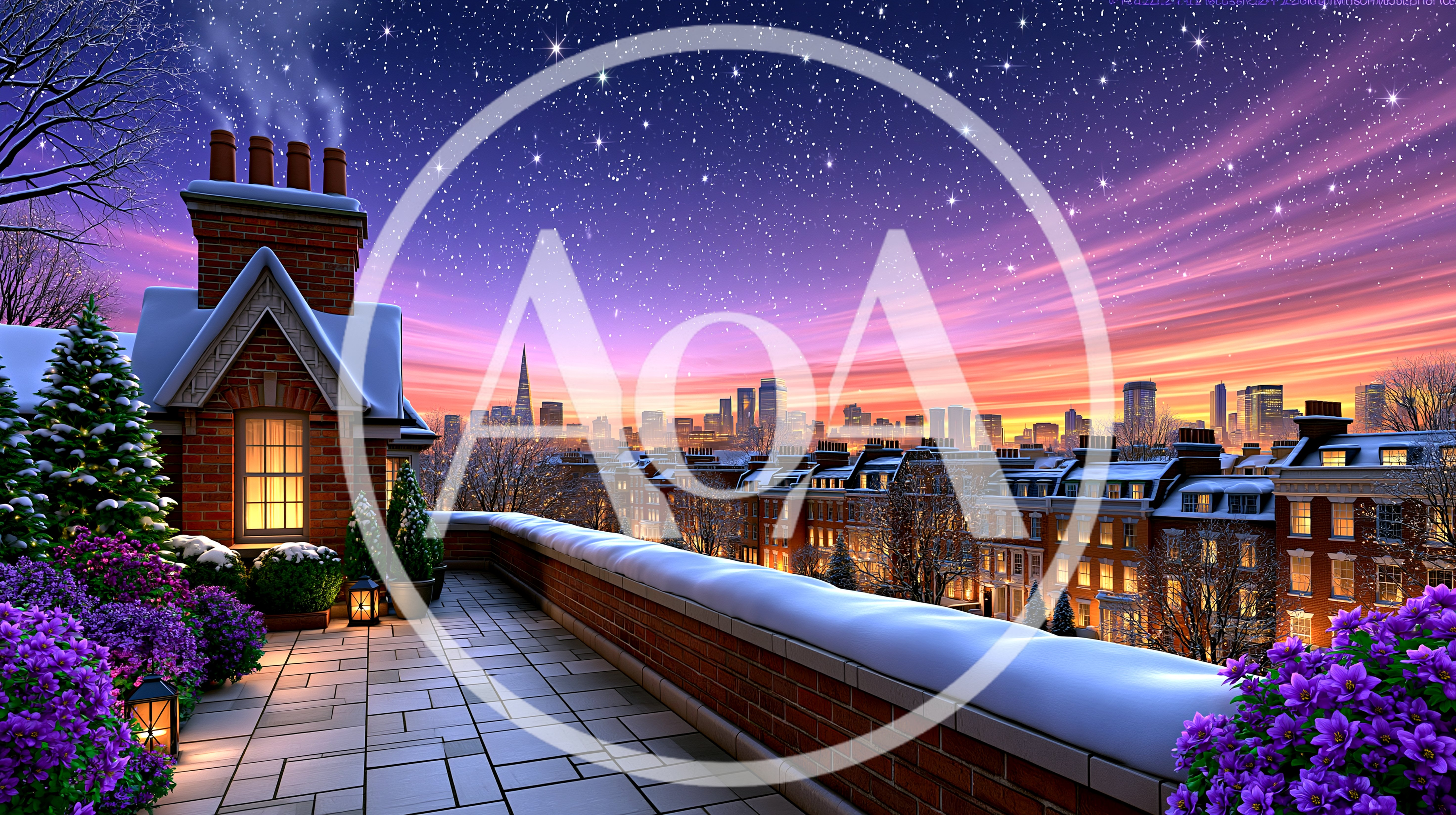 Snowy Rooftop Terrace Overlooking A City Skyline At Sunset