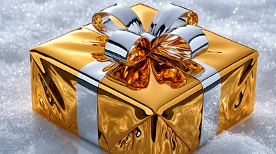 Golden Gift Box With Silver Ribbon On Snow