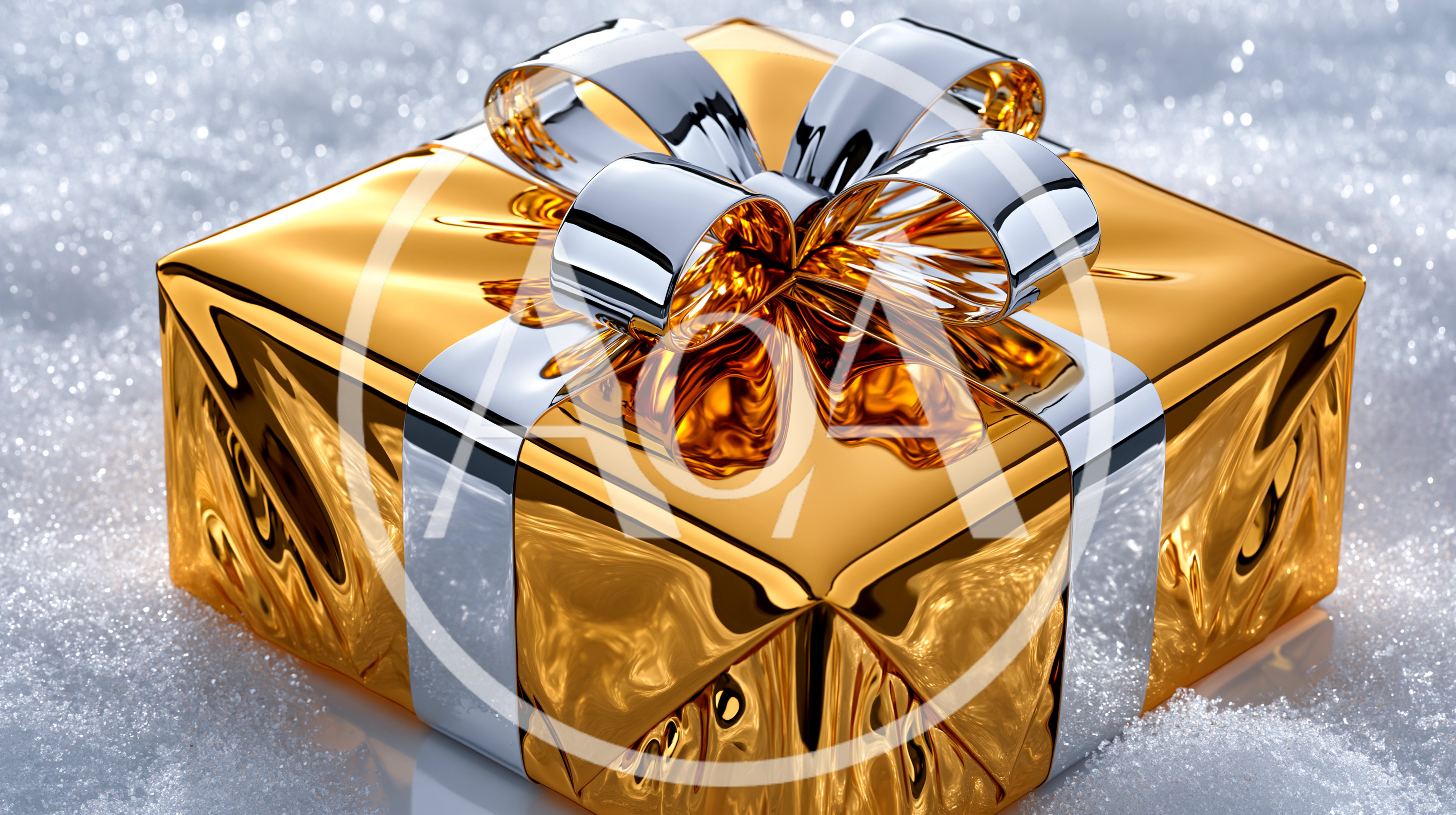 Golden Gift Box With Silver Ribbon On Snow