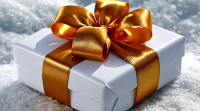 White Gift Box With Gold Ribbon On Snow