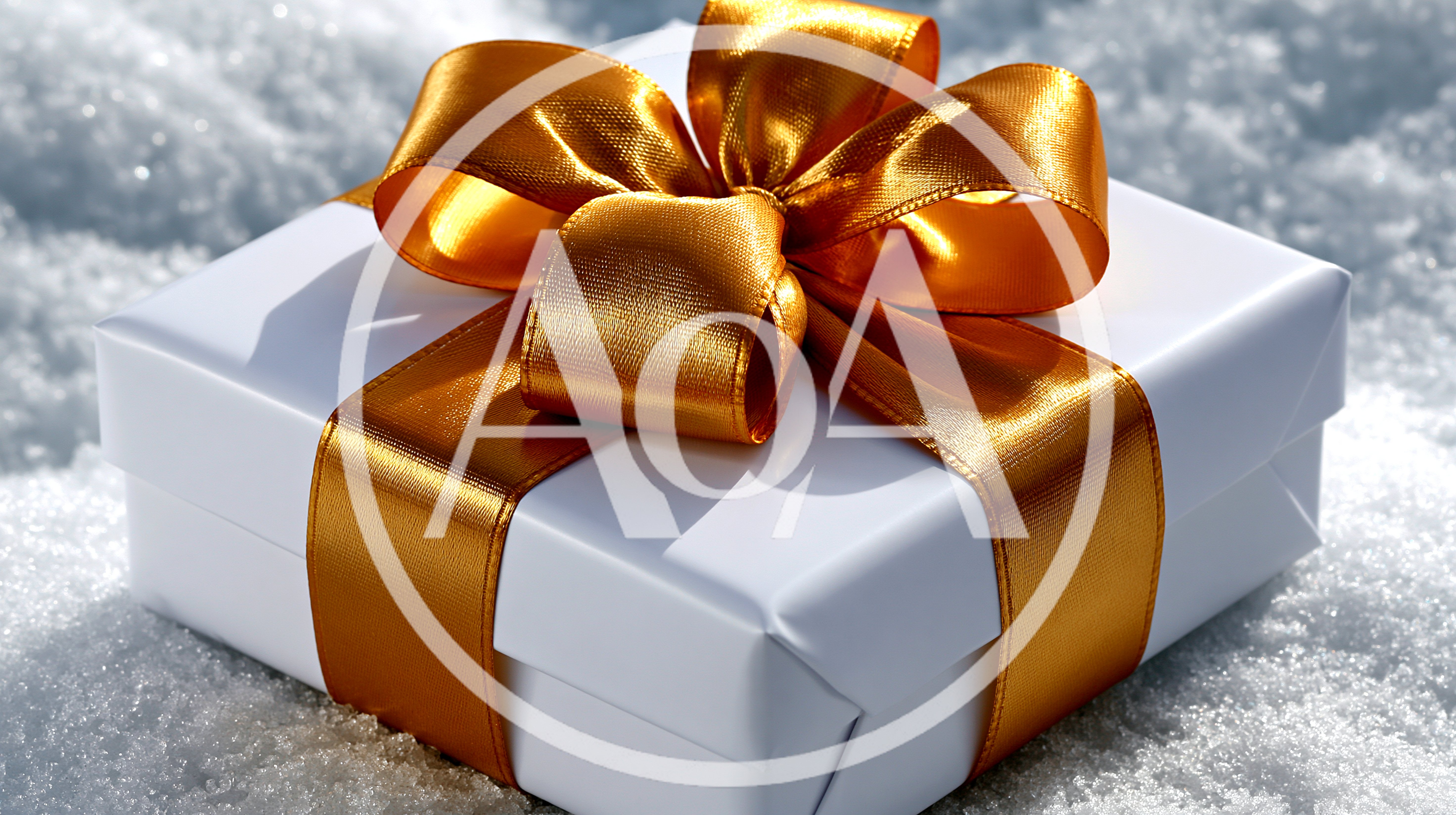 White Gift Box With Gold Ribbon On Snow
