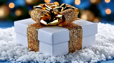 White Gift Box With Gold Ribbon On Snow