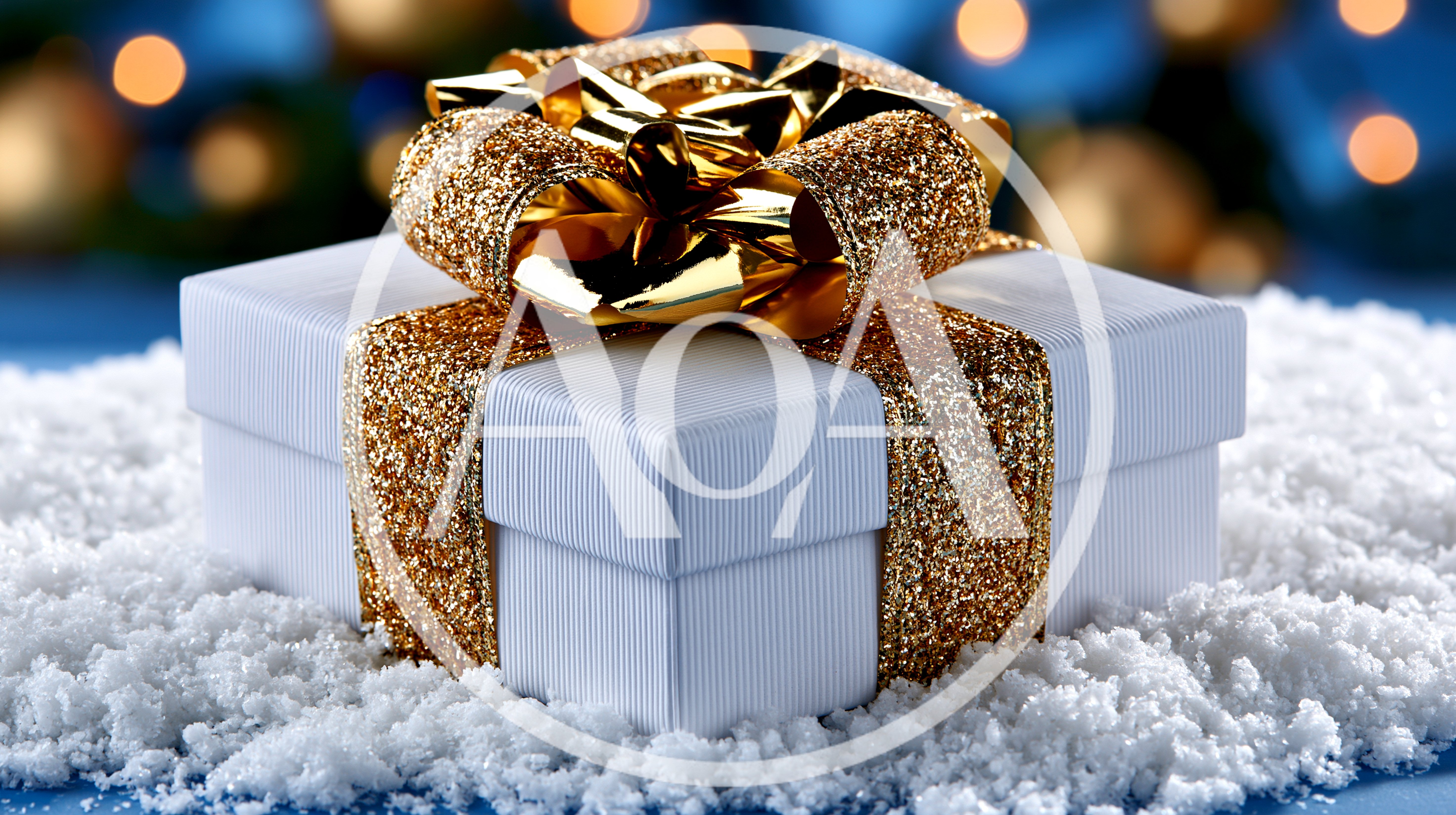White Gift Box With Gold Ribbon On Snow