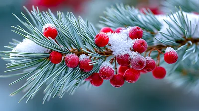 Snow Covered Red Berries On Pine Branch