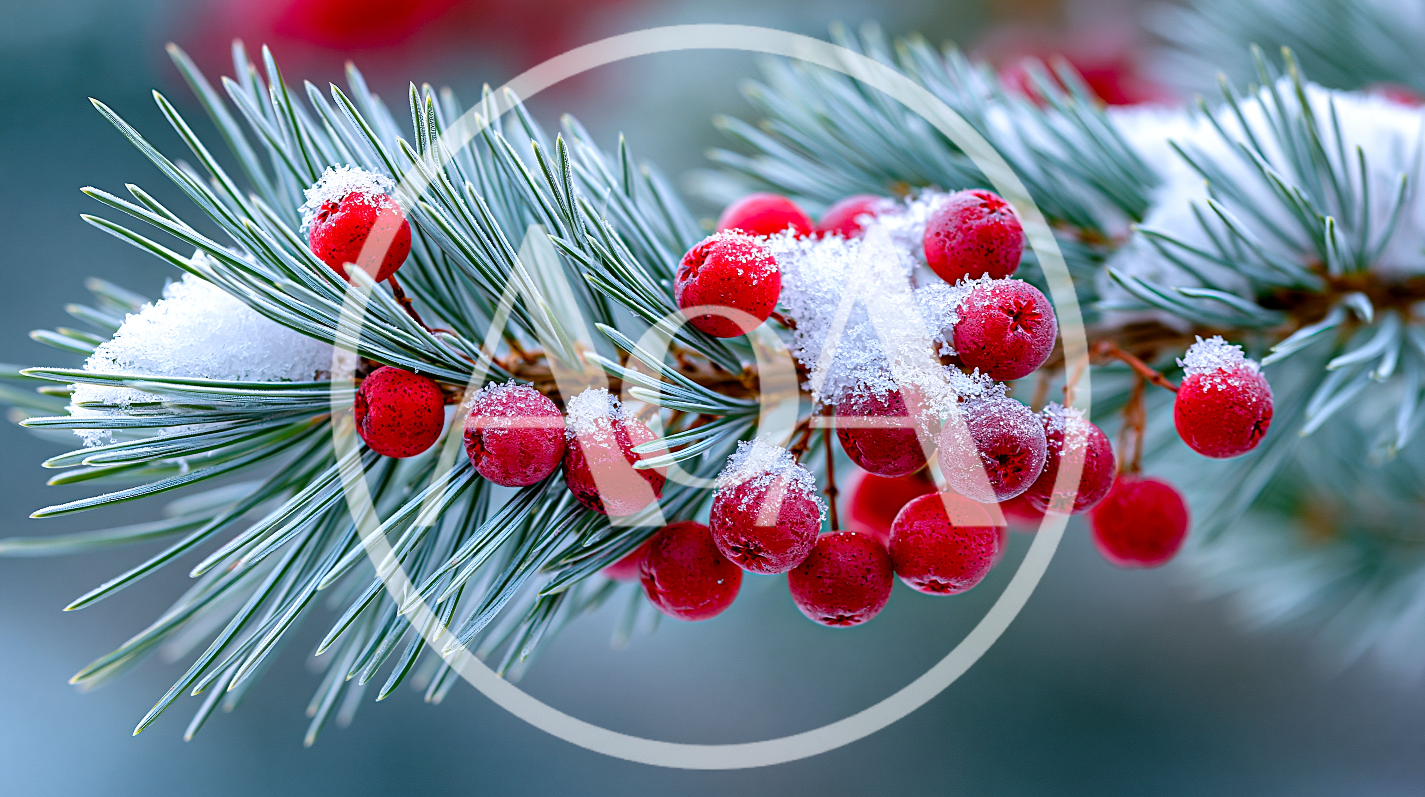 Snow Covered Red Berries On Pine Branch