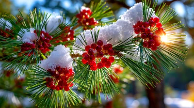 Snow Covered Pine Branches With Red Berries