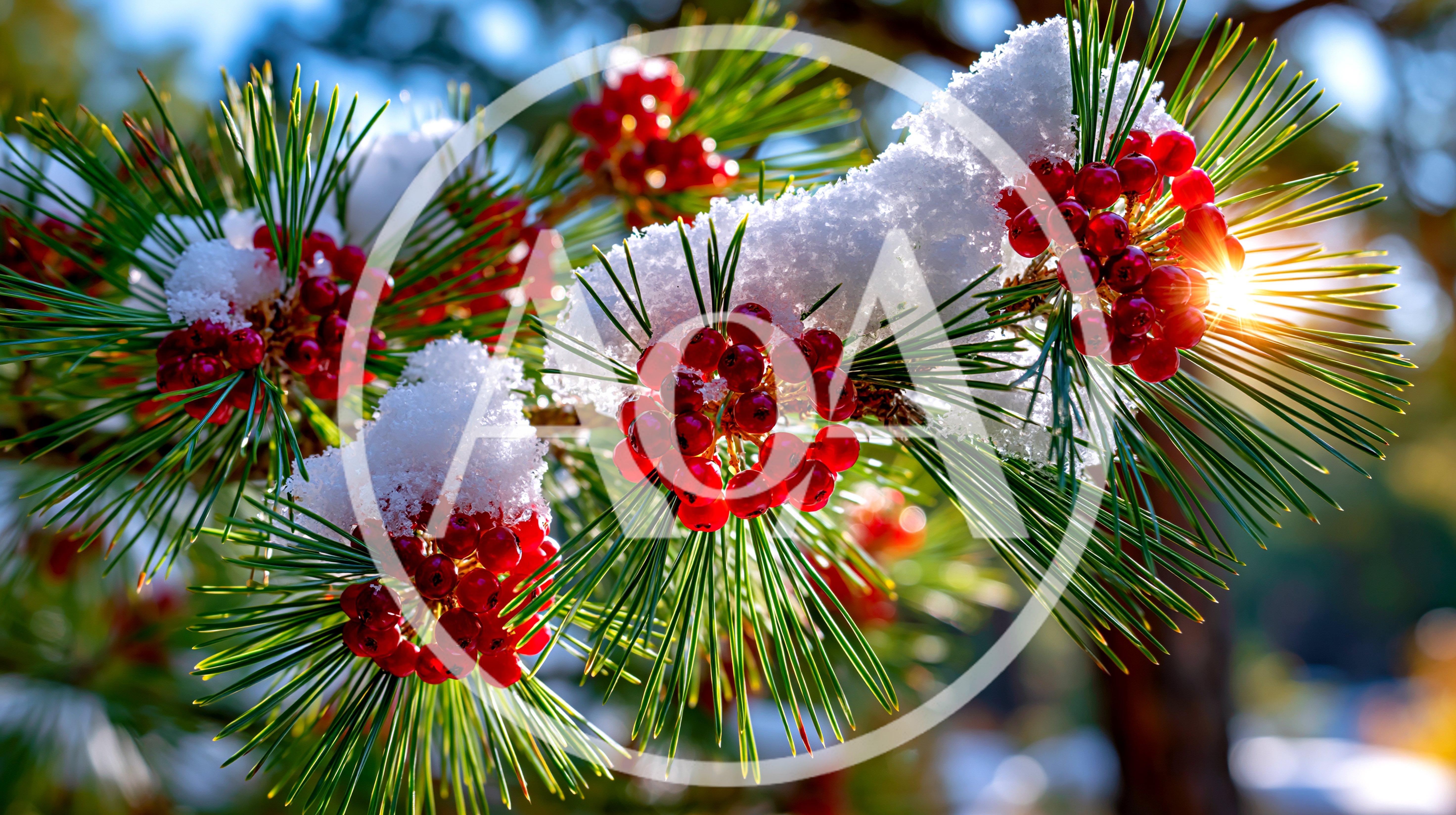 Snow Covered Pine Branches With Red Berries