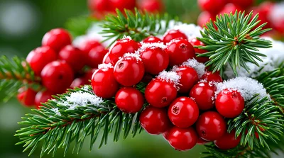 Bright Red Winter Berries On Snowy Pine Branches