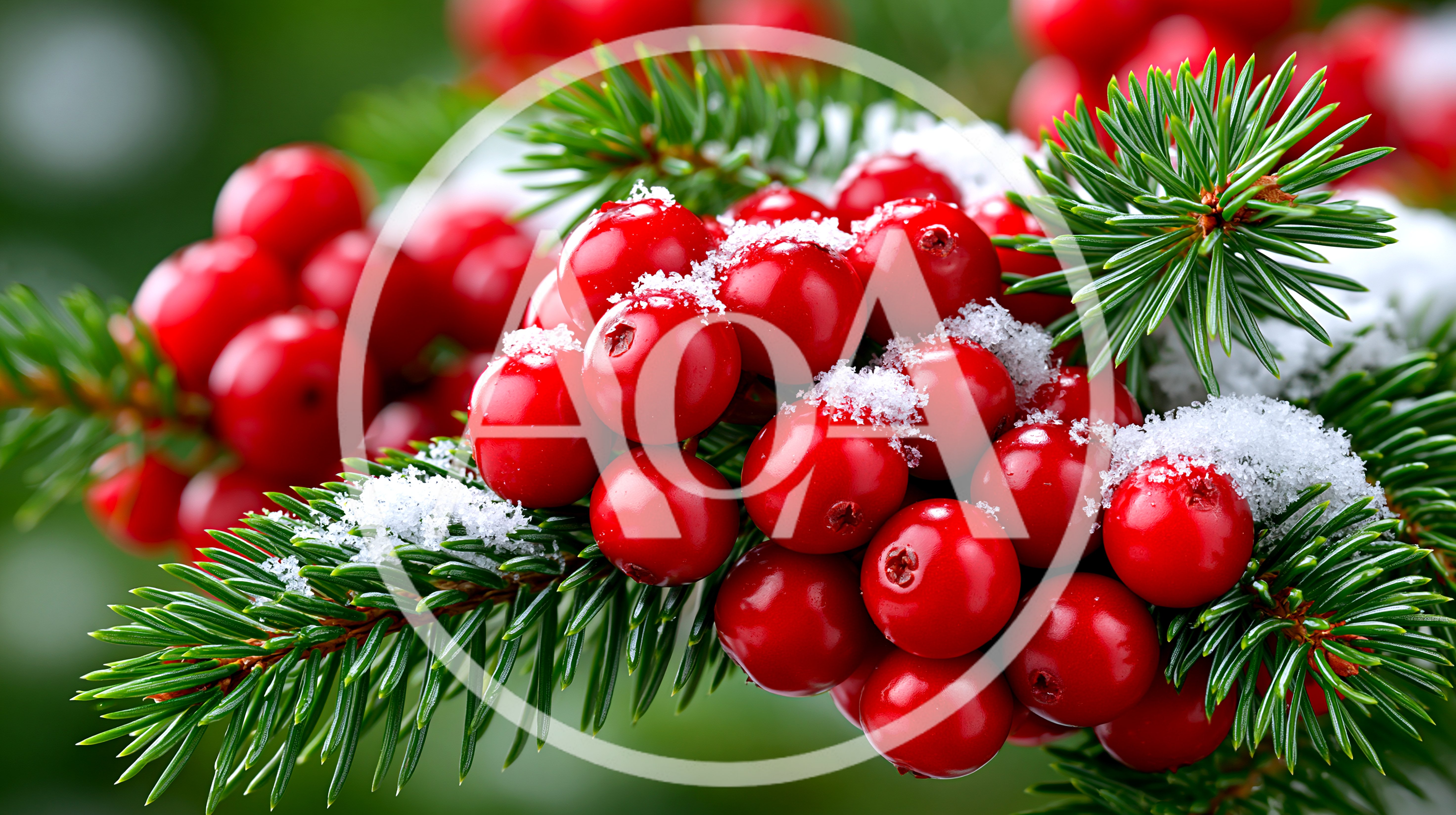 Bright Red Winter Berries On Snowy Pine Branches