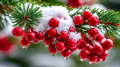 Red Holly Berries Covered In Fresh Winter Snow