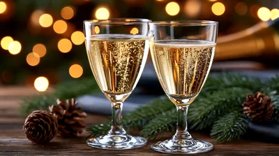 Two Glasses Of Sparkling Champagne For Christmas Celebration