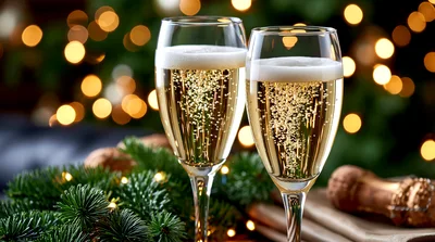 Two Champagne Flutes With Bubbles And Christmas Decor