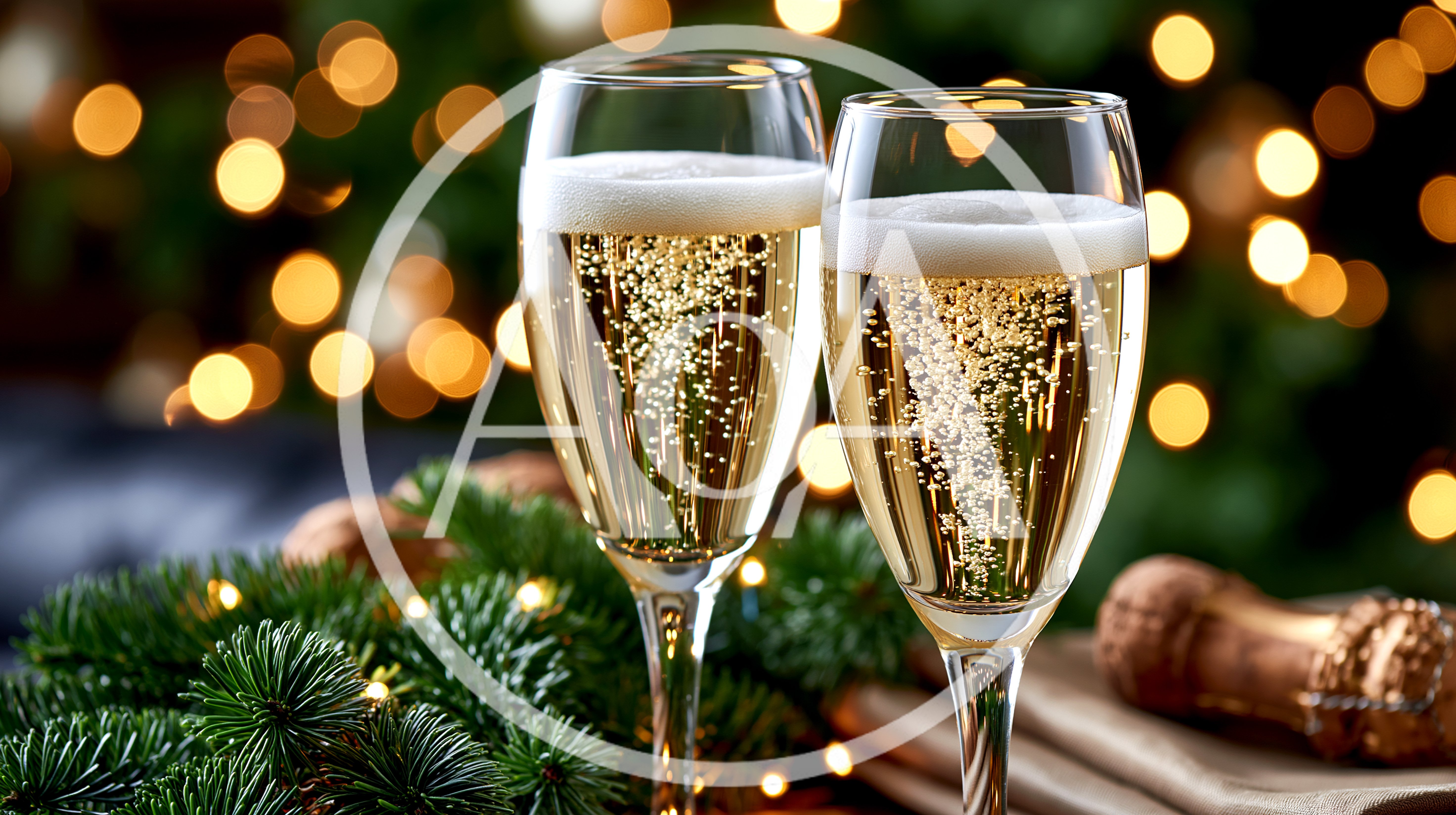 Two Champagne Flutes With Bubbles And Christmas Decor