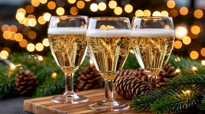 Three Glasses Of Sparkling Wine With Christmas Decorations