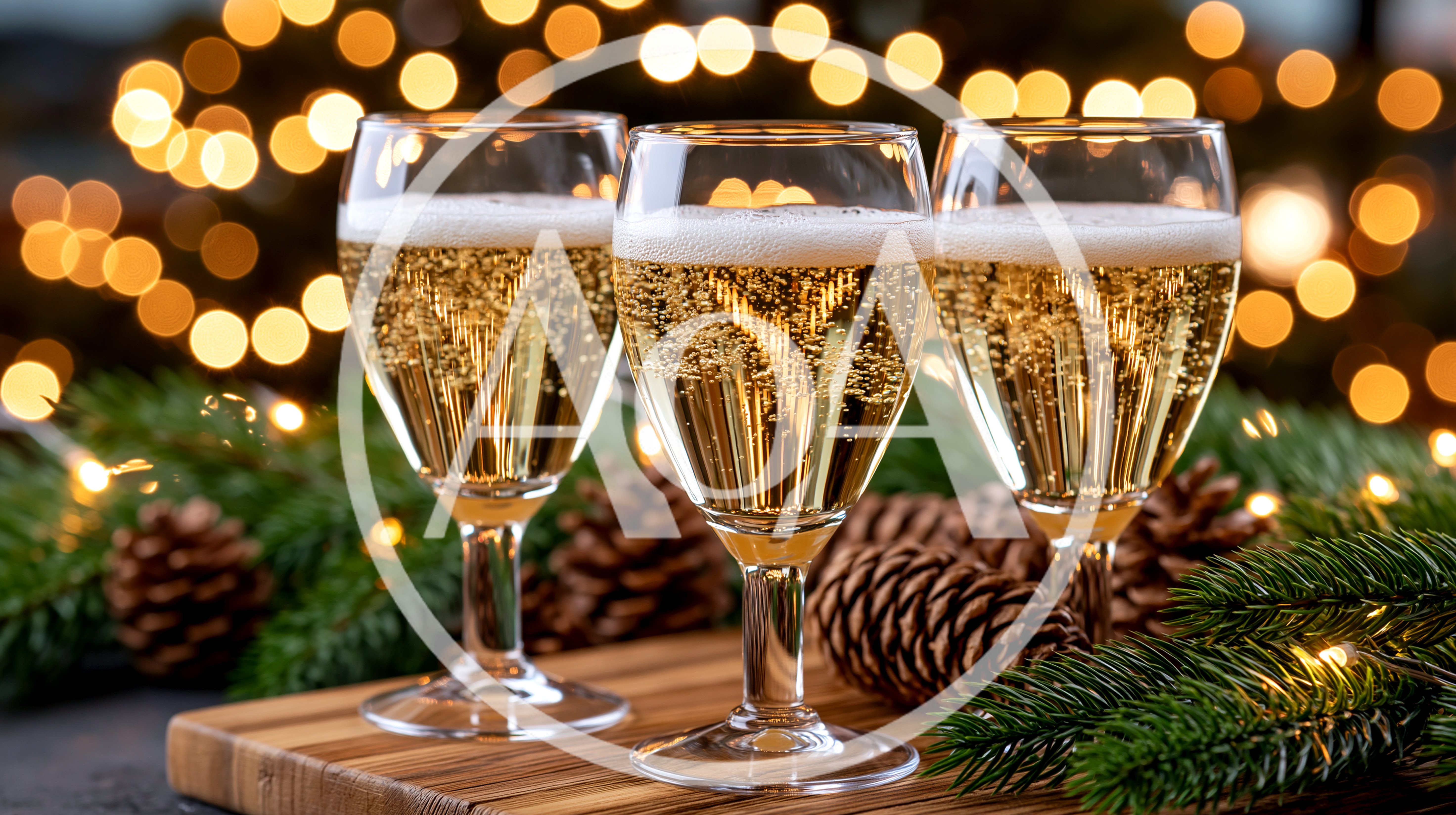 Three Glasses Of Sparkling Wine With Christmas Decorations