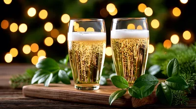 Two Glasses Of Sparkling Beer On A Wooden Board