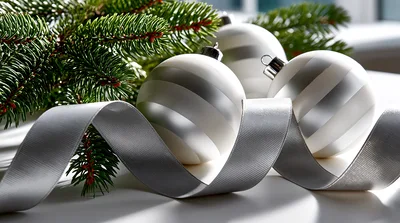 White Christmas Ornaments With Silver Ribbon And Pine