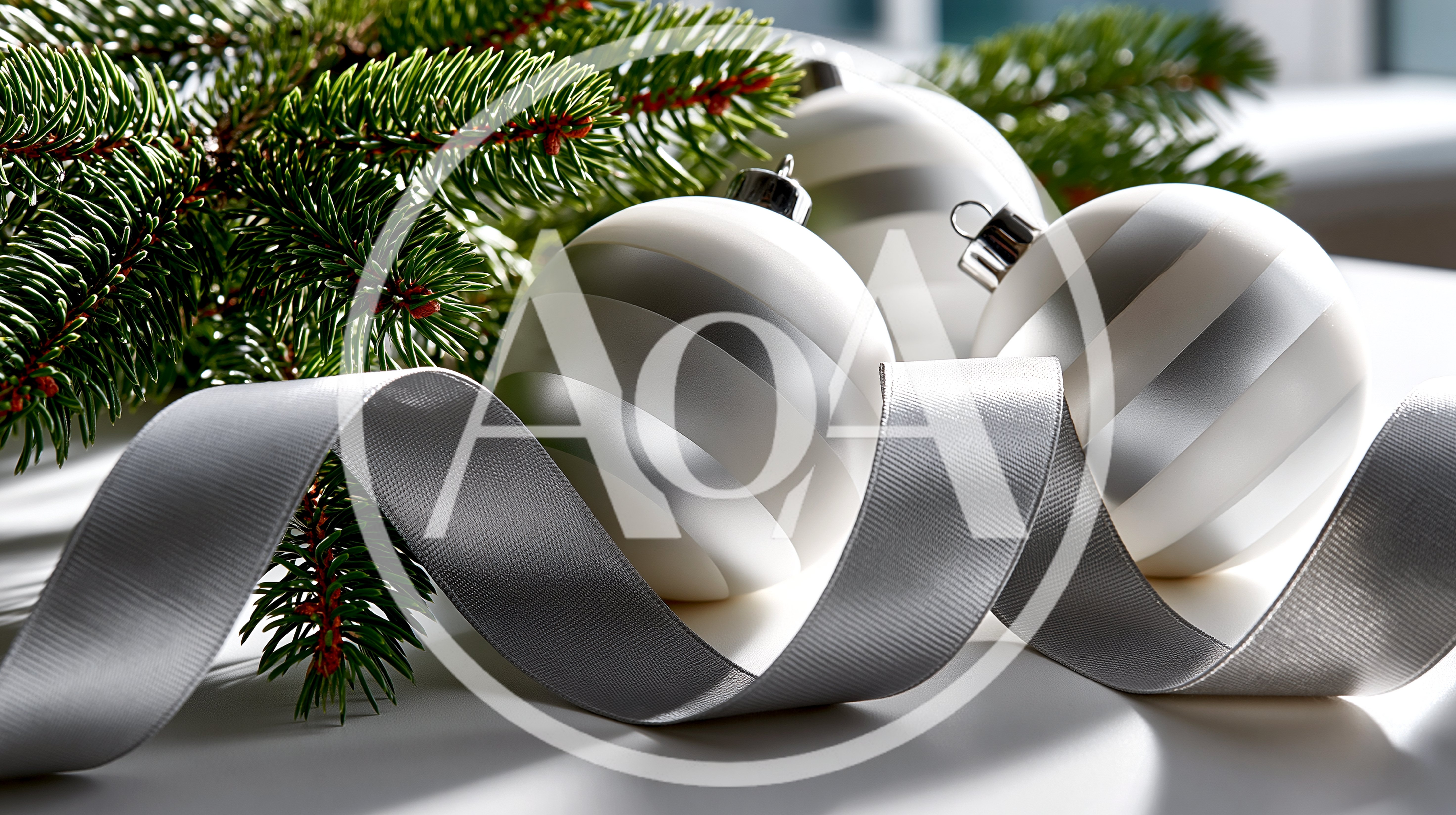 White Christmas Ornaments With Silver Ribbon And Pine