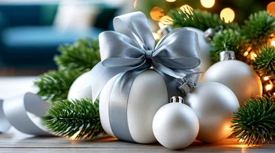 White Christmas Ornaments With Silver Ribbon Bow