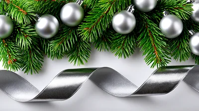 Silver Christmas Ornaments And Ribbon On Pine Branches