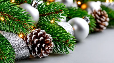Christmas Pine Branches With Silver Ornaments And Pinecones