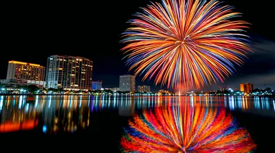 Vibrant Fireworks Display Over City Skyline At Night