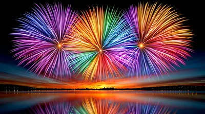 Vibrant Multicolored Fireworks Display Over Calm Lake