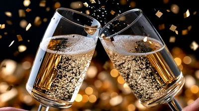 Two Champagne Flutes Toasting With Falling Gold Confetti