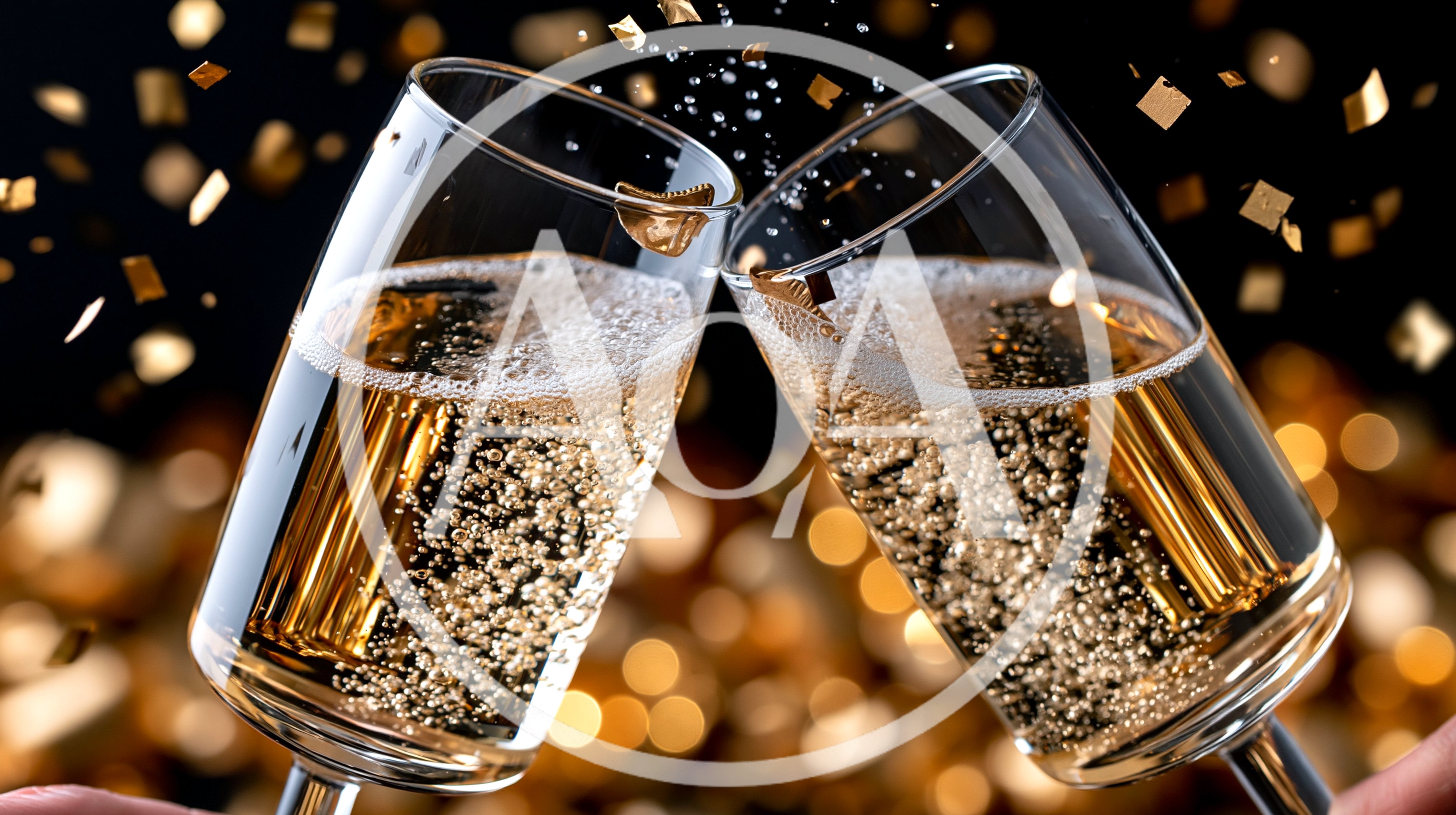 Two Champagne Flutes Toasting With Falling Gold Confetti