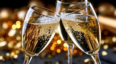 Two Champagne Flutes Toasting With Golden Bokeh Background