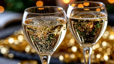 Two Glasses Of Sparkling Wine With Golden Bokeh Background